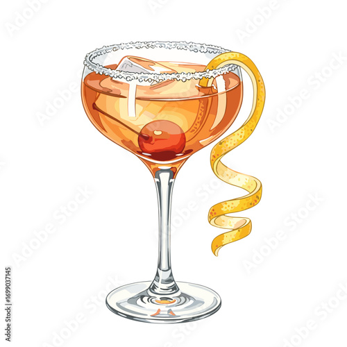 Illustrated cocktail drink with sugar rim, cherry, and orange peel garnish in a stemmed glass, refreshing alcoholic beverage on white background