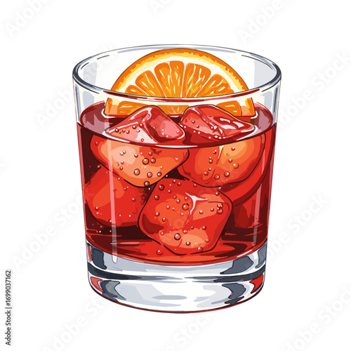 Refreshing red cocktail with ice cubes and an orange slice in a clear glass, perfect for summer drinks and happy hour illustrations.