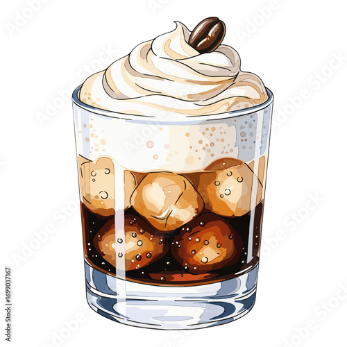 Delicious Coffee Dessert with Cream and Chocolate Balls in a Glass Cup