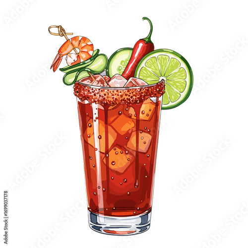 Refreshing Spicy Shrimp Cocktail Drink with Lime and Chili Garnish Perfect for Summer Enjoyment
