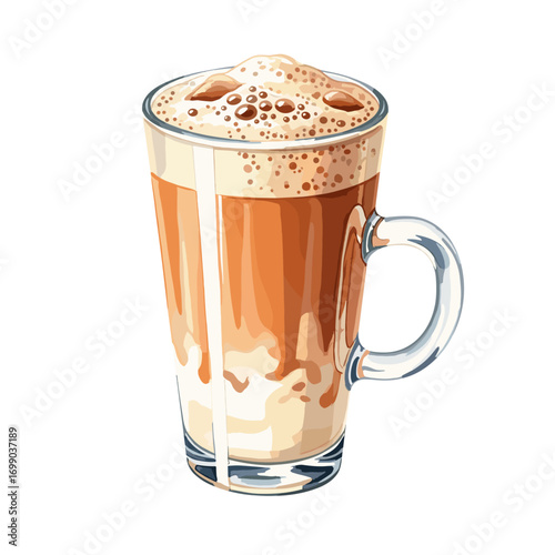 Delicious layered coffee drink in a clear glass mug with frothy foam on top, perfect for a cozy morning or an afternoon treat.