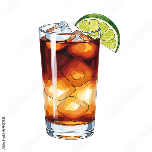 Refreshing dark brown cocktail with ice cubes and a vibrant lime wedge garnish in a tall glass, perfect for summer drinks and parties, isolated on white.
