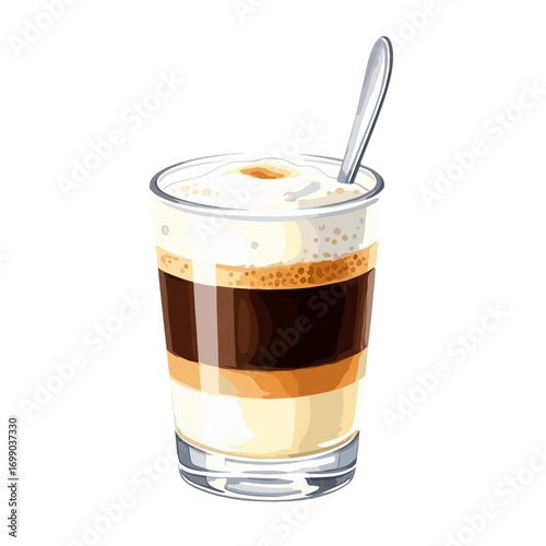 Delicious Layered Espresso Drink with Creamy Foam and Spoon in Glass Cup