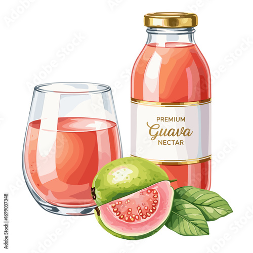 Delicious Premium Guava Nectar Juice Bottle with Fresh Fruit and Glass Serving for Refreshing Beverages