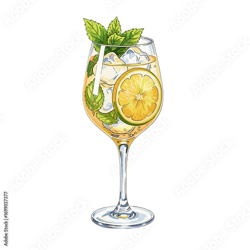 Refreshing Summer Beverage with Lemon and Mint in Elegant Glass