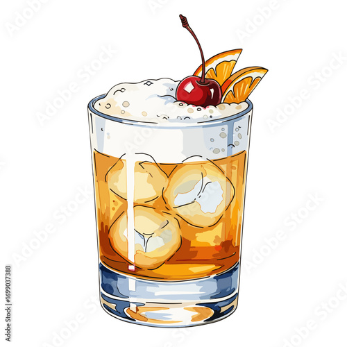 Classic Cocktail Glass with Ice, Cherry and Orange Slice for Refreshing Summer Drinks or Evening Enjoyment
