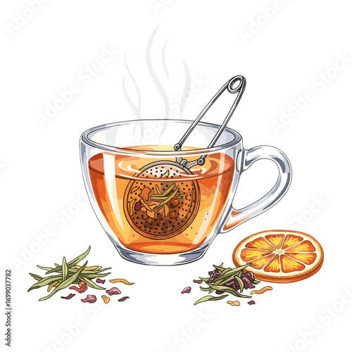 Aromatic Herbal Tea Brewing in Clear Cup with Ingredients and Steam
