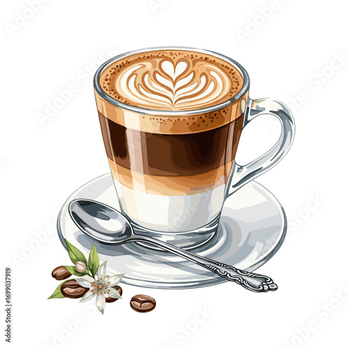A cup of coffee with a heart drawing on top. Latte in a glass cup. Layered milk coffee
