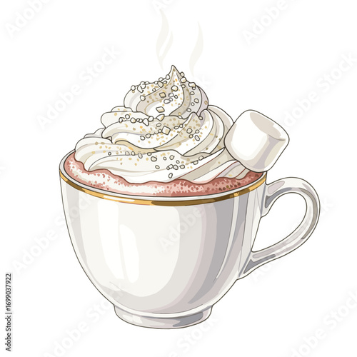 Delicious Hot Chocolate in White Mug with Whipped Cream and Marshmallow Topping for Winter Indulgence