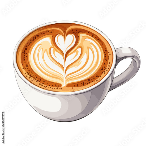 Delicious hot latte coffee with beautiful heart-shaped foam art in a white ceramic mug, perfect for a cozy morning or a cafe menu illustration.