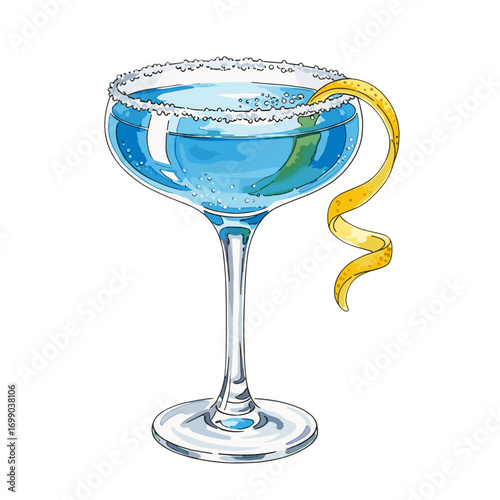 Refreshing Blue Cocktail in Elegant Glass Garnished with Lemon Twist