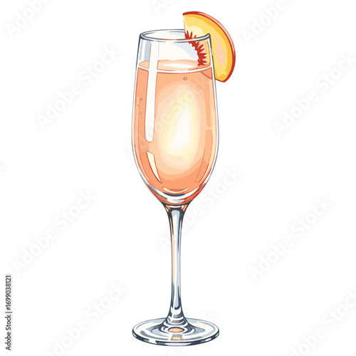 Watercolor illustration of a refreshing peach mimosa cocktail in a champagne flute glass, garnished with a peach slice, perfect for brunch or celebration.