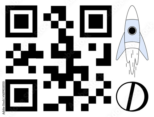 QR code design paired with a launching rocket and a prohibition sign. Ideal for technology, innovation, restriction, digital access, space exploration, data privacy, or future concepts in a simple