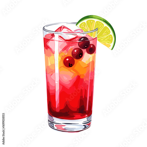 Refreshing red and orange layered cocktail with ice, fresh berries, and a lime garnish in a tall glass, perfect for summer beverages.