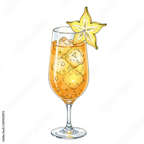 Refreshing Starfruit Cocktail Illustration with Ice and Garnish in a Tall Glass