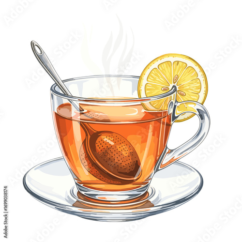 Steaming hot tea in a clear glass cup with a fresh lemon slice, a metal tea infuser, and a spoon on a saucer, perfect for a cozy beverage moment.