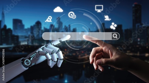 Human and AI hands interact with search bar, symbolizing the future of technology and collaboration