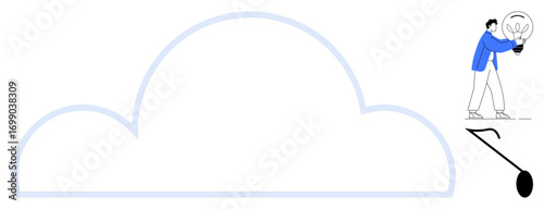 Person holding large glowing bulb connecting to wire leading into abstract cloud. Ideal for innovation, cloud computing, technology integration, data sharing, creative thinking, problem-solving