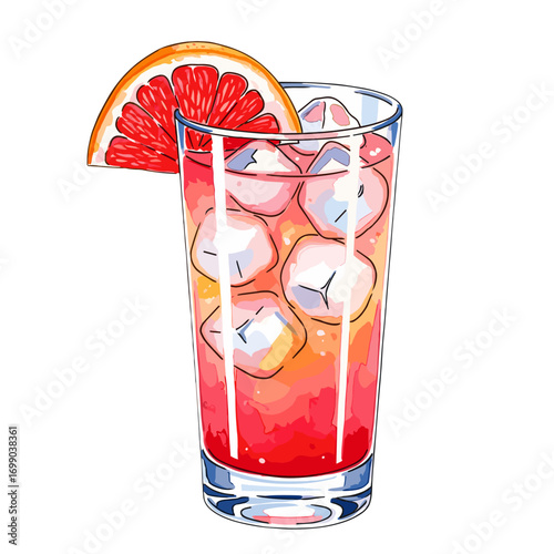 Refreshing illustrated pink and orange cocktail drink with ice cubes and a grapefruit slice, perfect for summer beverages and party themes