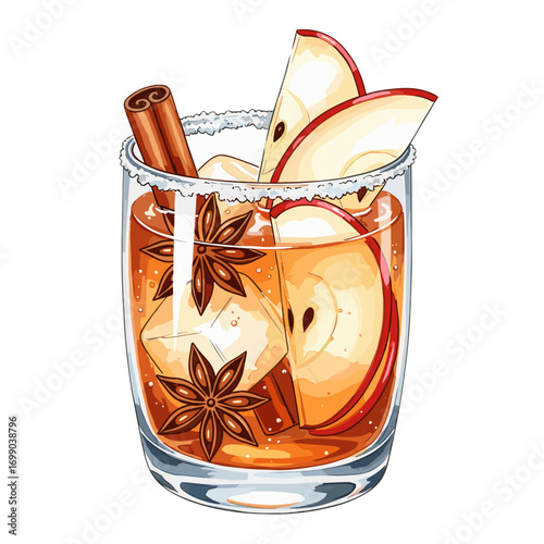 Refreshing Apple Cinnamon Beverage with Ice and Spices in Clear Glass for Autumn or Winter Gatherings