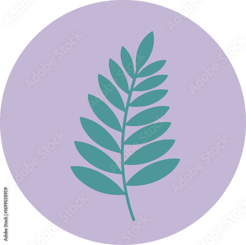 Single teal fern leaf with intricate details on pastel purple background