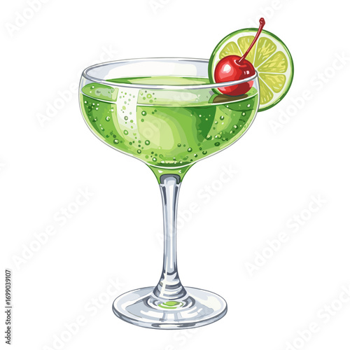 Vibrant Green Cocktail in Curved Glass Garnished with Cherry and Lime Slice for Celebrations or Parties