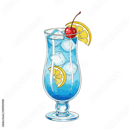 Refreshing blue cocktail drink with ice, lemon slices, and a red cherry garnish in a tall glass, perfect for summer parties and celebrations.