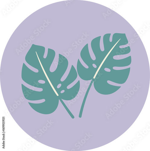 Two large teal-green tropical leaves arranged diagonally on a light purple background