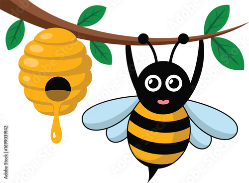 Cute cartoon bee hanging from a tree branch next to a beehive