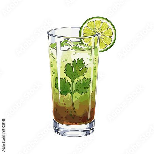 Refreshing green drink with ice, fresh lime slice, and cilantro sprig in a tall glass, a vibrant illustration for healthy beverages and summer cocktails.