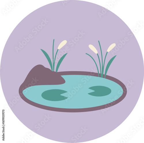 Painterly illustration of a tranquil pond with lily pads, reeds, and a rock formation