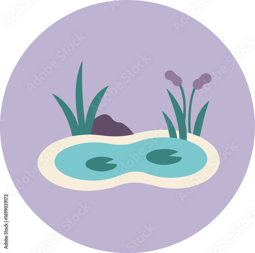 Tranquil pond with lily pads, reeds, and purple flowers in a serene nature scene