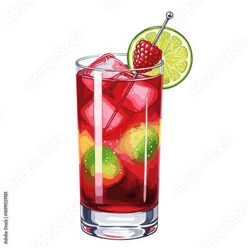 Refreshing Non-Alcoholic Berry Lime Mocktail in Tall Glass with Ice and Garnish