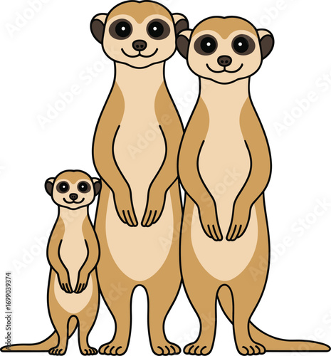 Cute cartoon meerkat family standing together on white background representing togetherness and wildlife