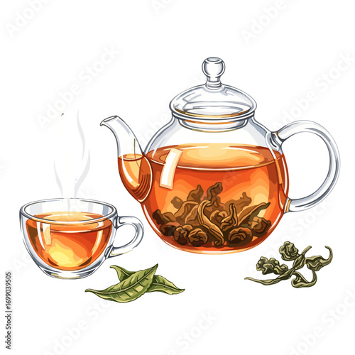 Illustration of hot tea brewing in a transparent glass teapot with a steaming teacup and fresh green tea leaves on a white background