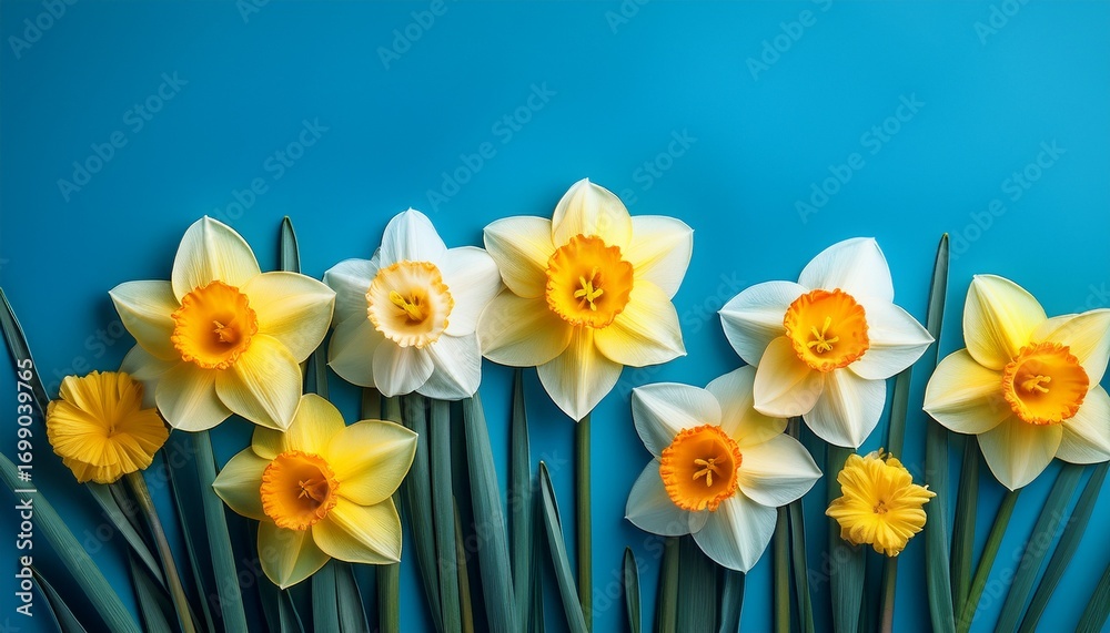 Obraz premium beautiful daffodil flowers bloom with vibrant colors and delicate petals against a tranquil blue background in springtime