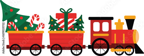 Festive christmas train carrying gifts and decorated trees on a white background
