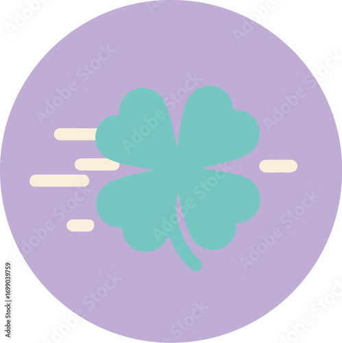 Vibrant four-leaf clover with light turquoise leaves and white lines on purple background