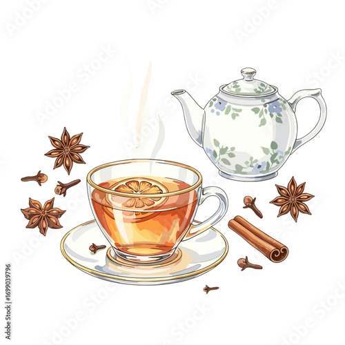 Delicious Herbal Tea with Lemon Slice and Teapot for Relaxation and Enjoyment