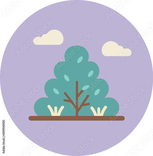 Stylized illustration of a tree with a brown trunk and blue-green abstract leaves on a purple gradient background