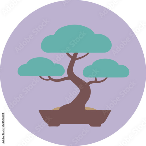 Meticulously styled bonsai tree with light blue-green foliage on a gradient purple background