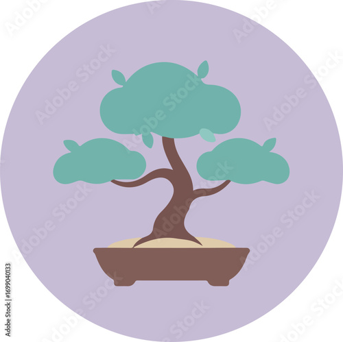 Illustration of a bonsai tree with light blue-green foliage in a rectangular pot