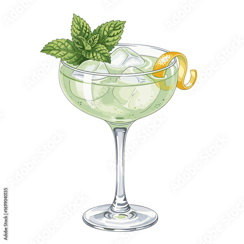 Refreshing green cocktail in a coupe glass with ice, garnished with fresh mint leaves and an orange peel twist, isolated on a white background.