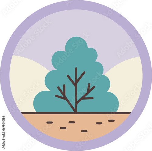 Minimalist illustration of a solitary tree with a teal canopy and dark brown trunk on a gradient purple background