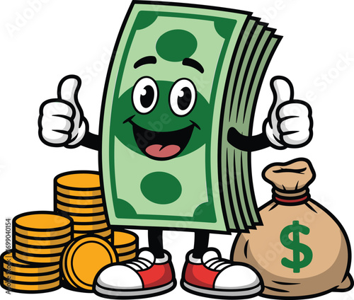 Happy cartoon dollar bill character giving thumbs up beside money bag and coins