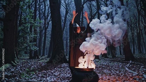 A mysterious video scene shot at eye level, featuring a witch in a moonlit forest, surrounded by trees, with smoke rising from a cauldron.