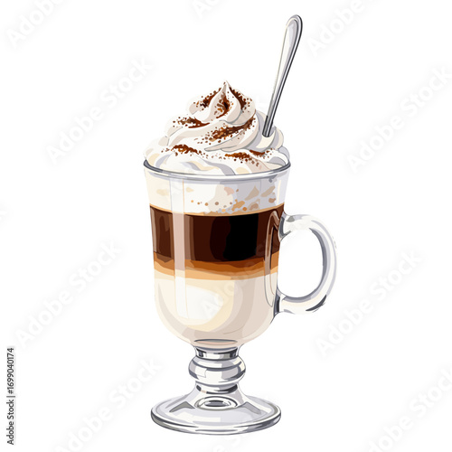 Delicious layered coffee drink with whipped cream and cocoa powder in a clear glass mug, perfect for a cozy morning or an afternoon treat.