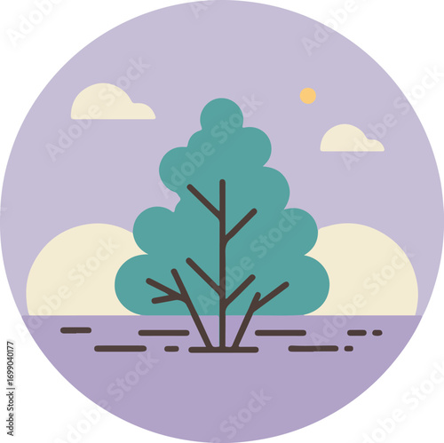 Single tree in circular frame with teal-green foliage against gradient sky