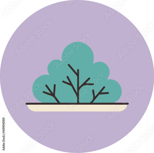 Meticulously styled bonsai tree with dark slender branches and dense green foliage in a light beige ceramic pot on a flat surface against a soft gradient purple background
