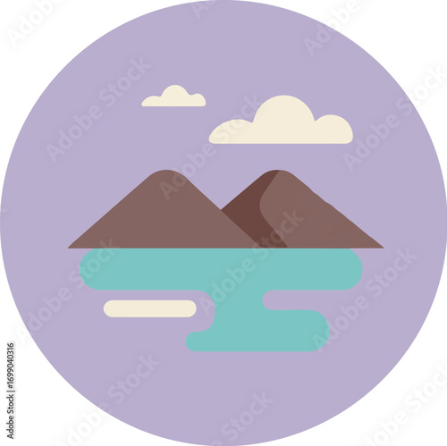 Two symmetrical brown mountains reflected in a light blue body of water with a circular border